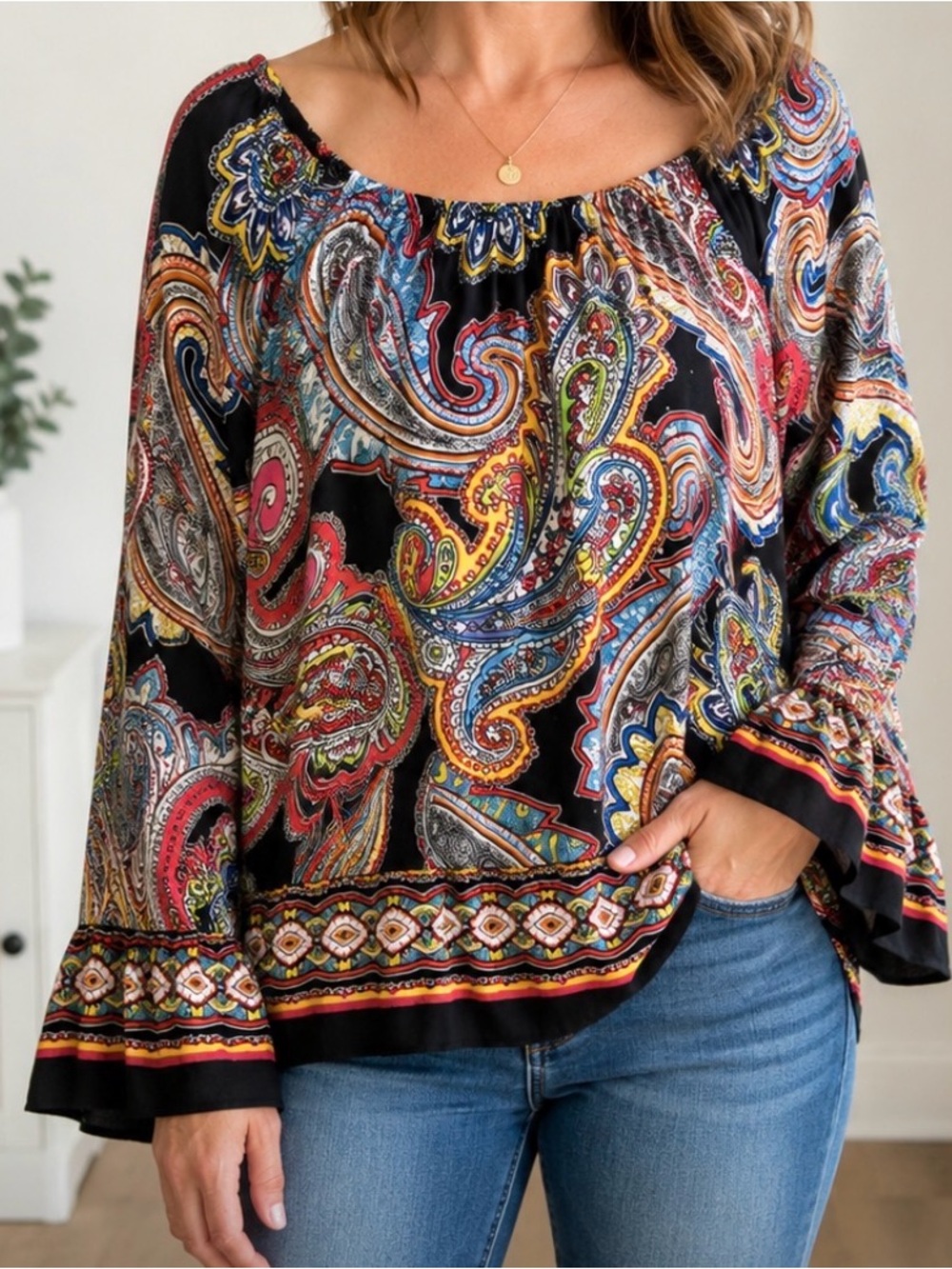 Boho Paisley Off-Shoulder Blouse in Black